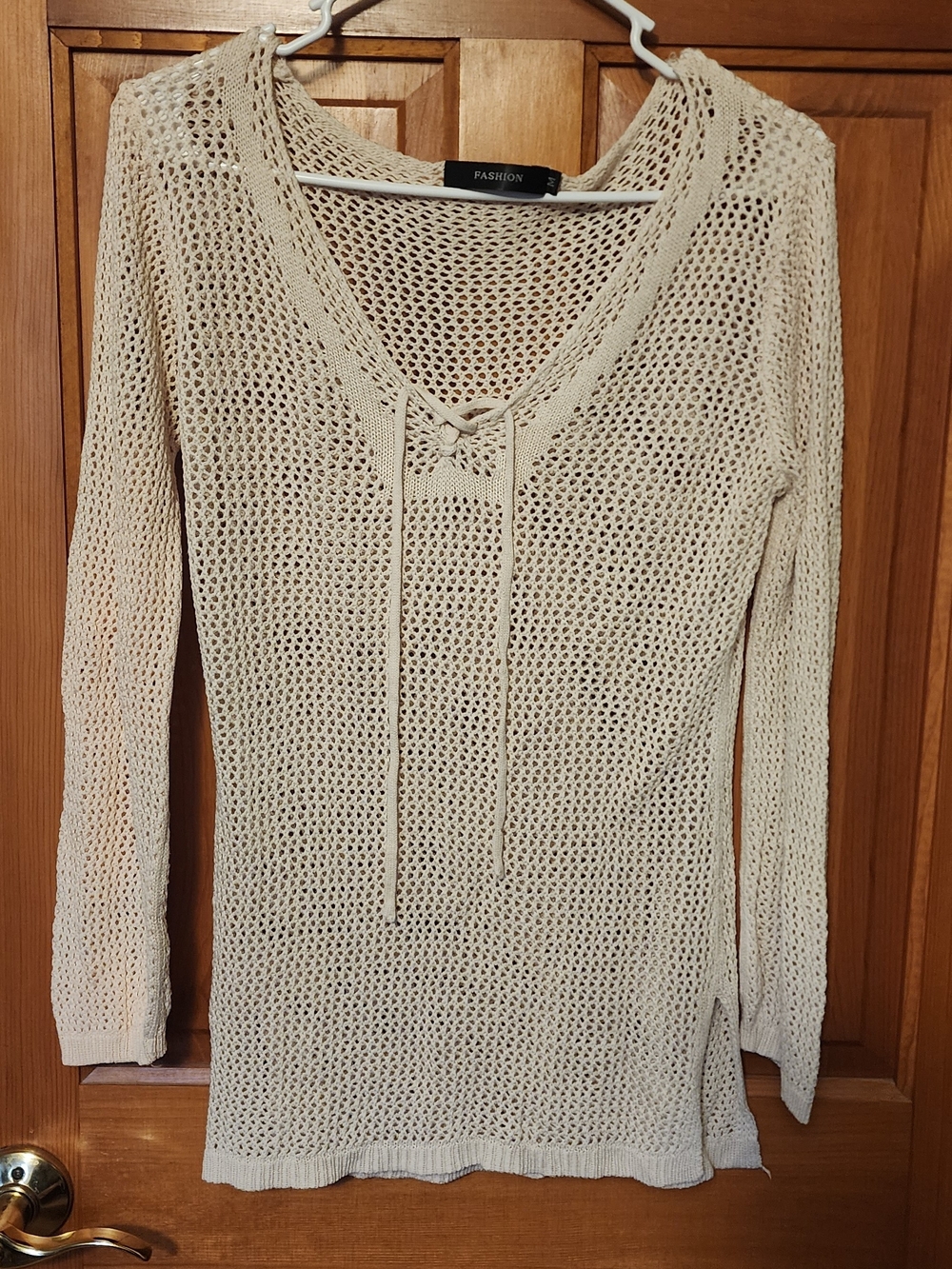 Cream Open-Weave Lace-Up V-Neck Sweater